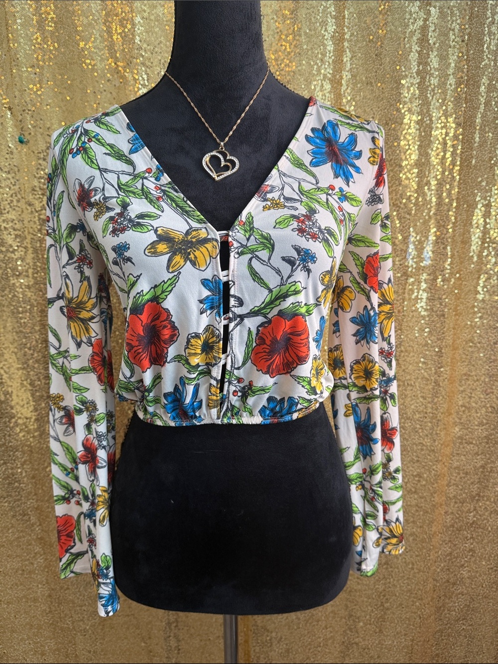 Free People White Floral V-Neck, Bell Long Sleeve Blouse- Red, Blue, Yellow
